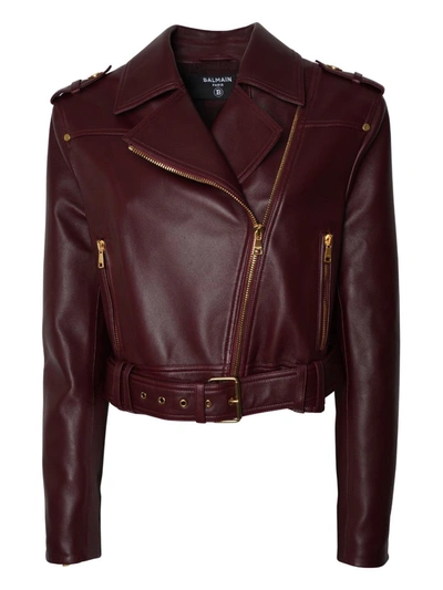 Balmain Leather Biker Jacket In Bordeaux