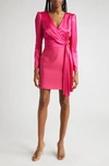 CINQ À SEPT LAYNE LONG SLEEVE SATIN FAUX WRAP MINIDRESS