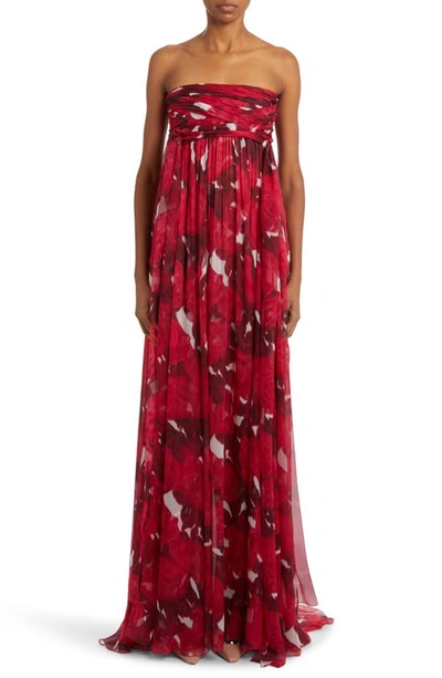 Valentino Chiffon Rose Moire Off-shoulder Gown In Red White