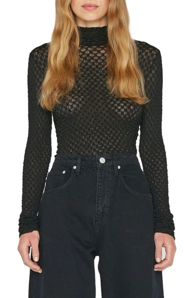 Frame Mesh Lace Turtleneck Top In Noir