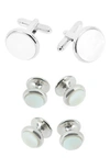 Trafalgar Sutton Mother Of Pearl Cuff Link & Stud Set In Rhodium With Mother Of Pearl