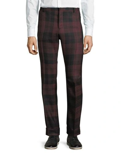 Valentino Checked Slim-leg Wool Trousers In Bordeaux