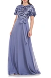 JS COLLECTIONS PETRA SEQUIN FLUTTER SLEEVE CHIFFON GOWN