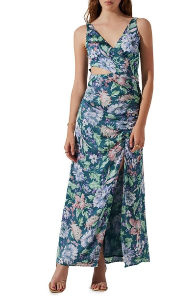 Astr Floral Ruched Cutout Dress In Teal Purple Multi Floral