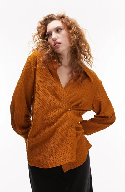 Topshop Tophop Textured Wrap Top In Tobacco-brown