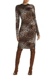 St John Leopard Jacquard Side-stripe Long-sleeve Dress In Camel/ Black Multi