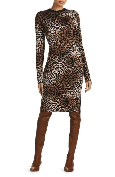 St John Leopard Jacquard Side-stripe Long-sleeve Dress In Camel/black Bulti