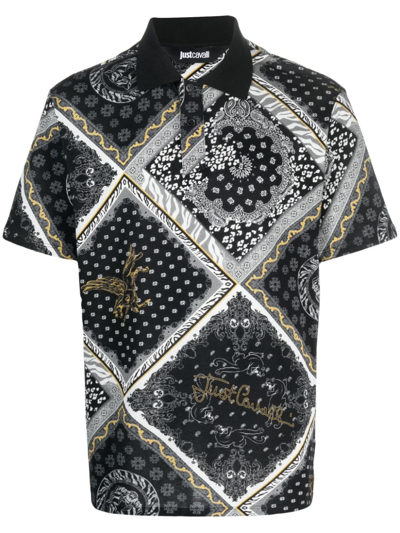 Just Cavalli Paisley-print Cotton Polo Shirt In Black