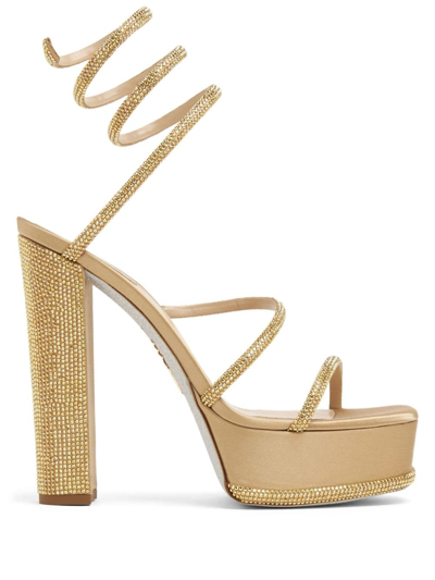 René Caovilla Strass Satin Ankle-strap Platform Sandals In Gold