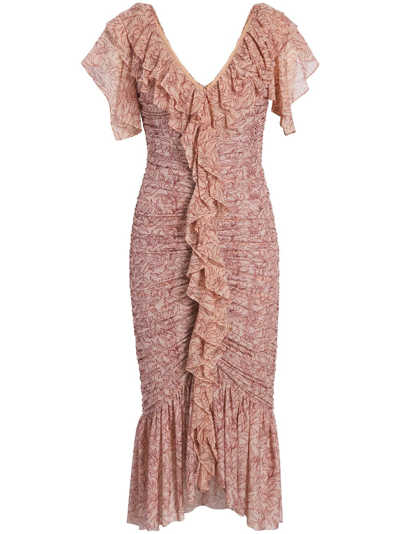 Cinq À Sept Paola Ruffle-trim Midi Dress In Blusher Multi