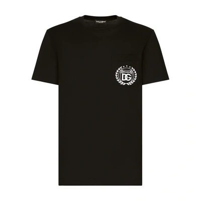 Dolce & Gabbana Men Black Crewneck T-shirt With Logo Embroidery On The Front In Cotton Man