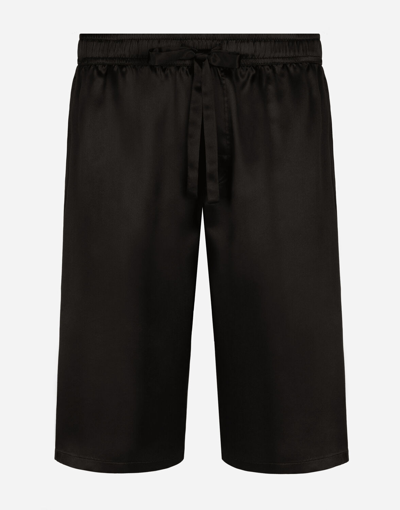 Dolce & Gabbana Silk Satin Jogging Shorts With Metal Dg Logo In Black