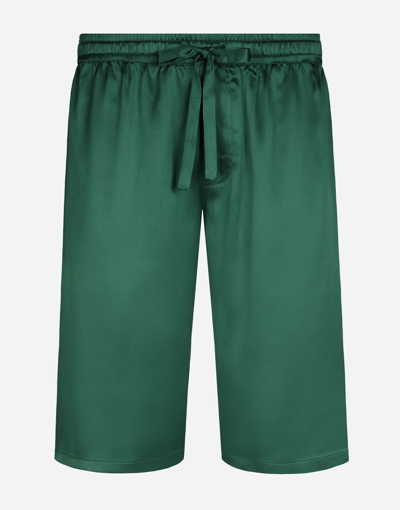 Dolce & Gabbana Silk Satin Jogging Shorts With Metal Dg Logo In Multicolor
