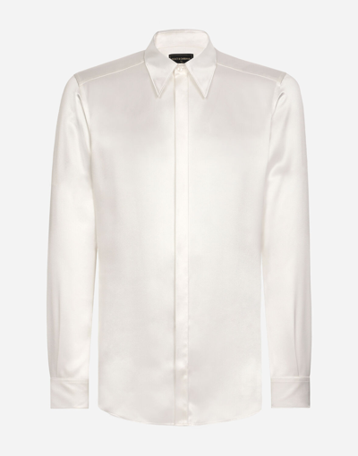 Dolce & Gabbana Silk Satin Martini-fit Shirt With Metal Dg Logo In White