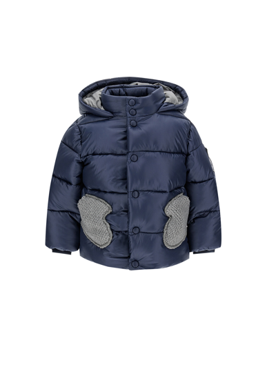 Monnalisa Down Jacket With Hood In Blue + Grey