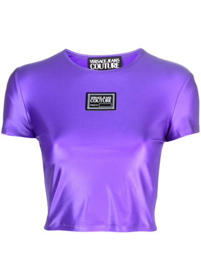 Versace Jeans Couture Logo Patch Crewneck Cropped T-shirt In Purple