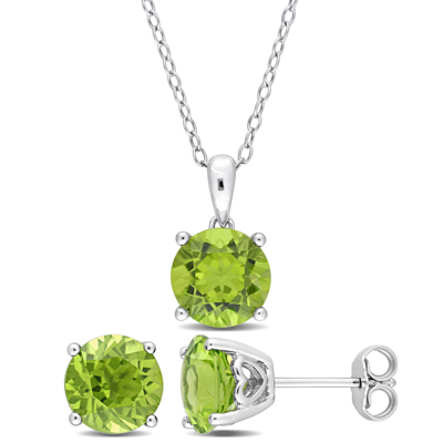 Amour 5 3/8 Ct Tgw Peridot 2-piece Set Of Pendant With Chain And Earrings In Sterling Silver In White