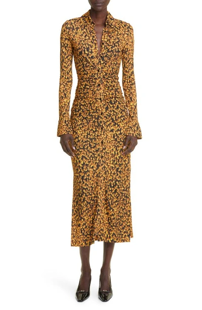 Altuzarra Claudia Feather Print Ruched Long Sleeve Shirtdress In Golden Ochre Feather
