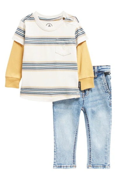 Volcom Babies' Stripe Long Sleeve Cotton T-shirt & Denim Jeans Set In Cream