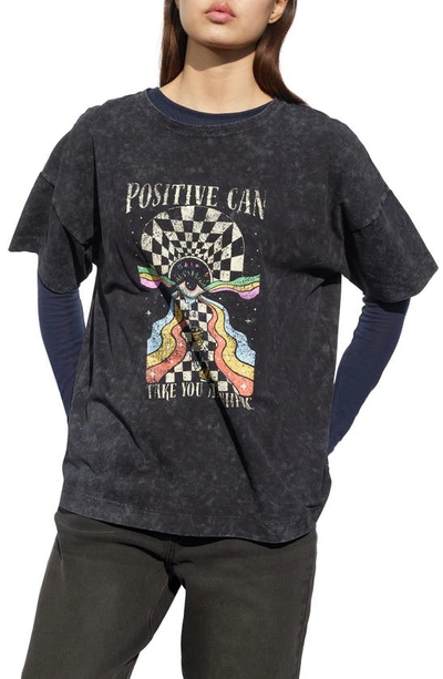 Noisy May Pauline Positive Acid Wash Cotton Graphic T-shirt In Black Detail Washed