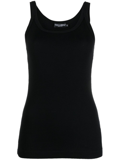 Dolce & Gabbana Logo Patch Cotton Jersey Ribbed Tank Top In Nero