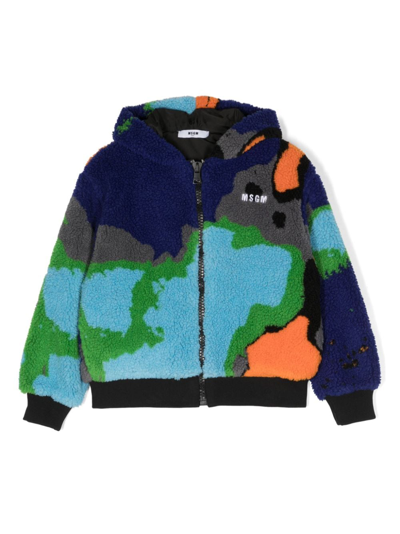 Msgm Kids' Logo-embroidered Shearling Jacket In Blue