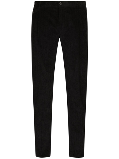Dolce & Gabbana Logo-plaque Cotton Tailored Trousers In Black