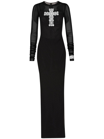 Dolce & Gabbana Cross-embellished Tulle Long Dress In Black