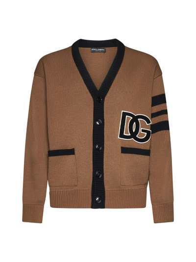 Dolce & Gabbana Ribbed Wool Cardigan Featuring Striped Sleeve In Brown