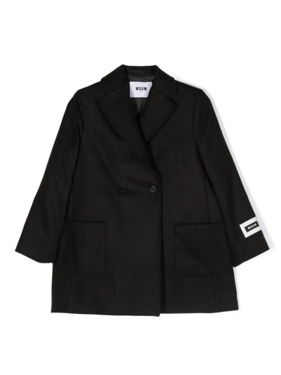 Msgm Kids' Logo-patch Double-breasted Coat In Nero