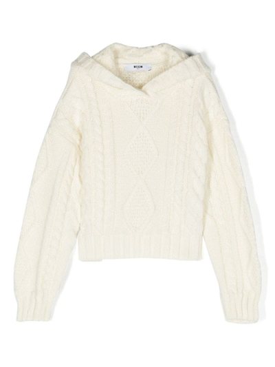 Msgm Kids' Logo-patch Cable-knit Jumper In Bianco