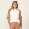 Monrow Supersoft Sweater Knit Color Block Raglan In Ivory/hazelnut