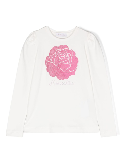 Monnalisa Kids' Floral-appliqué Stretch-cotton Sweatshirt In White