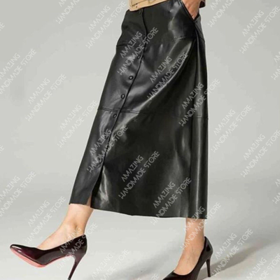 Pre-owned Handmade Womens Real Lambskin Leather Black Long Maxi Skirt Vintage Button Pocket