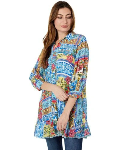 Pre-owned Johnny Was 100% Silk Mid Summer Sednea Floral Multi Color Ruffle Trim Tunic In Multicolor