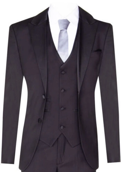 Pre-owned Truclothing Mens 3 Piece Black Tuxedo Suit Classic Satin Dinner Tailored Fit Wedding Prom