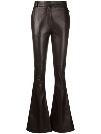 Attico Piaf Leather Flared Trousers In Dark Brown