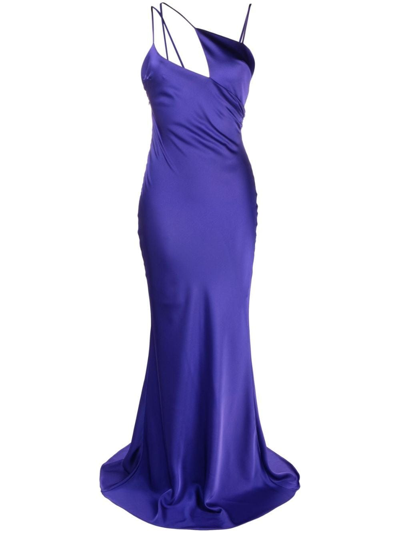 Attico Melva Asymmetric Satin Gown In Vivid Violet