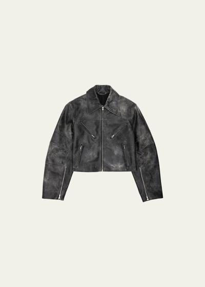 Helmut Lang Distressed Leather Biker Jacket In Black