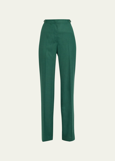 Gabriela Hearst Vesta Wool, Silk And Linen-blend Straight-leg Pants In Dark Green
