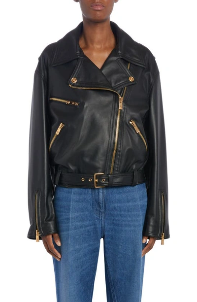 Versace Art Denver Plonge Leather Moto Jacket In Black