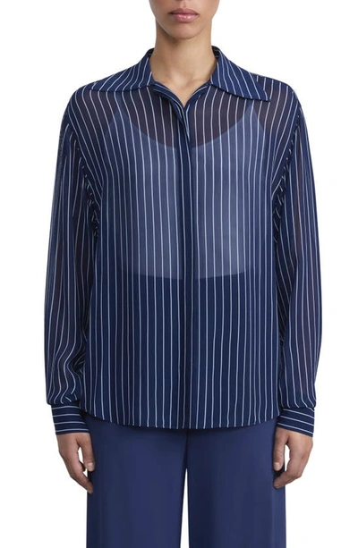 Lafayette 148 Striped Button-down Blouse In Midnight Blue Mul