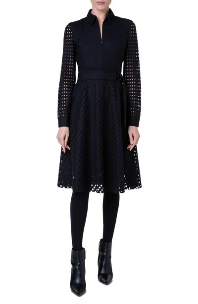 Akris Punto Wool Flannel Dress With Velvet Burn-out Dotted Details In Black
