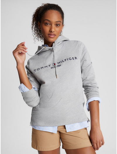 Tommy Hilfiger Embroidered Tommy Logo Hoodie In Grey Heather