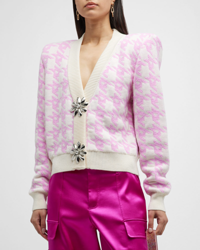Area Mussel Flower-button Strong-shoulder Houndstooth Crop Cardigan In Pink Multi