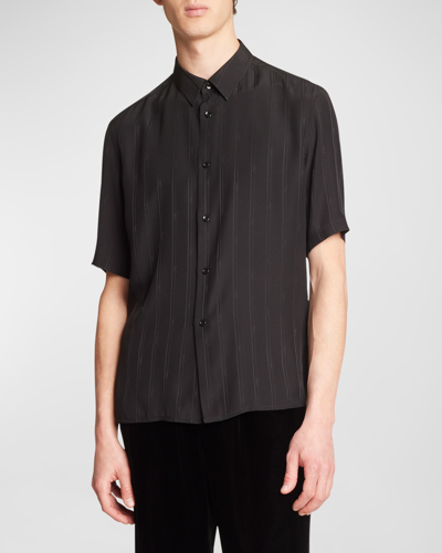 Saint Laurent Tonal Stripe Short Sleeve Silk Button-up Shirt In Black