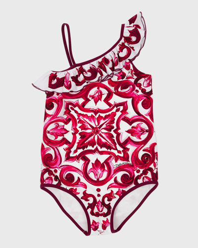 Dolce & Gabbana Kids' Majolica Print Lycra One Piece Swimsuit In Fuchsia,white