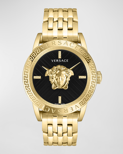 Versace Men's V-code Swiss Ion-plated Gold-tone Stainless Steel Bracelet Watch 43mm In Ip Yellow Gold