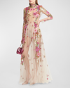 VALENTINO EMBROIDERED TULLE ILLUSION GOWN WITH FLORAL DETAILS