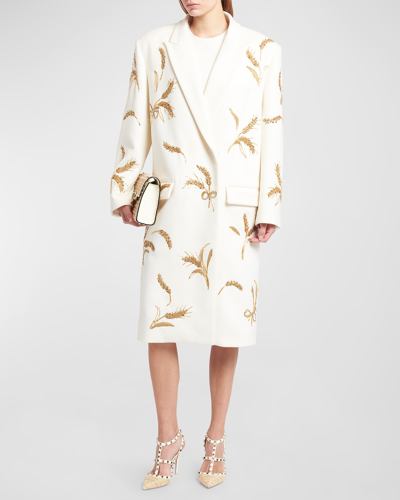 Valentino Ears Of Wheat Embroidered Compact Cashmere Coat In White Multi